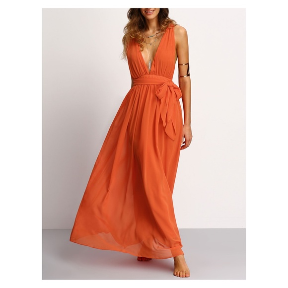 MBM Unlimited Dresses & Skirts - Orange Plunge V Neck Tie Waist Maxi Dress